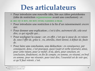 Des articulateurs Pour introduire une nouvelle idée, liée aux idées précédentes (idée de restriction  ограничение   avant une conclusion) :  or . а; же; ну и вот, но вот; итак; однако; а ведь Pour introduire une restriction à la fin d’un raisonnement : encore que . Pour donner une explication ;  c’est à dire, autrement dit, cela veut dire, ce qui signifie que... Pour souligner la cause :  car, en effet, c’est que à cause de, en raison de, sous l’effet de, grâce à , vu, attendu, étant donné, à défaut de, faute de. Pour faire une conclusion, une déduction :  en conséquence, par conséquent, donc, c’est pourquoi, aussi (sujet et verbe inversés), ainsi, pour cette raison, pour ce motif ; d’où, alors, pour conclure, en conclusion, finalement, en fin de compte, en somme, en résumé, en bref. en somme, pour me résumer, pour tout dire, l’essentiel est de voir que, ce qu’il faut retenir, c’est. информация с сайта: http://www.edufle.net 