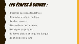 LES ÉTAPES À SUIVRE :
• Poser les questions fondatrices
• Respecter les règles du logo
• Le choix du nom
• Demander un avis externe
• Les signes graphiques
• La forme globale et ce qu'elle évoque
• Le choix des couleurs
 