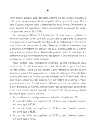 41


selon qu’elle attribue aussi des stock-options ou des actions gratuites, le
coût de ces deux instruments n’étant pas le même pour l’entreprise. Plus la
part d’actions gratuites dans la rémunération sous forme d’instrument de
fonds propres est importante, plus la rémunération provenant des autres
composantes devrait être faible.
    Le principal problème lié à l’utilisation d’actions dans un système de
rémunération vient du fait qu’il n’est pas possible de séparer la composante
systémique de la composante spécifique de la performance. Or, comme
nous l’avons vu, des options à prix d’exercice variable et fortement dans
la monnaie permettent de séparer ces deux composantes de la perfor-
mance tout en limitant les problèmes d’asymétrie de la rémunération à la
performance que l’on rencontre avec des options à prix d’exercice fixe à la
monnaie ou en dehors de la monnaie.
    Pour illustrer cela, considérons l’exemple suivant comparant deux
schémas de rémunération avec instruments de fonds propres, l’un fondé
sur des actions, l’autre sur des options à prix d’exercice variable, ce prix
d’exercice suivant les variations d’un indice de référence. Pour de telles
options, si la valeur de l’indice augmente (baisse) de X %, il en va de même
pour le prix d’exercice des options. Afin de mettre en évidence l’impact
que peut avoir sur la rémunération la différence entre le cours de l’action et
le prix d’exercice au moment de l’attribution des options, nous considérons
le cas d’une société dont le cours de l’action est 100 et qui envisage d’offrir
les quatre types d’option suivants :
• le prix d’exercice est égal au cours de l’action, c’est-à-dire 100 ;
• le cours de l’action est supérieur de 10 % au prix d’exercice ; celui-ci
    est donc égal à 90,91 ;
• le cours de l’action est supérieur de 20 % au prix d’exercice ; celui-ci
    est donc égal à 83,33 ;
• le cours de l’action est supérieur de 30 % au prix d’exercice ; celui-ci
    est donc égal à 76,92.
 