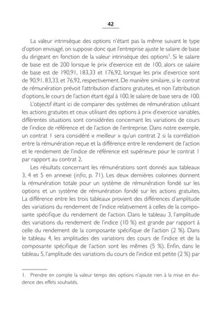 42


    La valeur intrinsèque des options n’étant pas la même suivant le type
d’option envisagé, on suppose donc que l’entreprise ajuste le salaire de base
du dirigeant en fonction de la valeur intrinsèque des options1. Si le salaire
de base est de 200 lorsque le prix d’exercice est de 100, alors ce salaire
de base est de 190,91, 183,33 et 176,92, lorsque les prix d’exercice sont
de 90,91, 83,33, et 76,92, respectivement. De manière similaire, si le contrat
de rémunération prévoit l’attribution d’actions gratuites, et non l’attribution
d’options, le cours de l’action étant égal à 100, le salaire de base sera de 100.
    L’objectif étant ici de comparer des systèmes de rémunération utilisant
les actions gratuites et ceux utilisant des options à prix d’exercice variables,
différentes situations sont considérées concernant les variations de cours
de l’indice de référence et de l’action de l’entreprise. Dans notre exemple,
un contrat 1 sera considéré « meilleur » qu’un contrat 2 si la corrélation
entre la rémunération reçue et la différence entre le rendement de l’action
et le rendement de l’indice de référence est supérieure pour le contrat 1
par rapport au contrat 2.
    Les résultats concernant les rémunérations sont donnés aux tableaux
3, 4 et 5 en annexe (infra, p.  71). Les deux dernières colonnes donnent
la rémunération totale pour un système de rémunération fondé sur les
options et un système de rémunération fondé sur les actions gratuites.
La différence entre les trois tableaux provient des différences d’amplitude
des variations du rendement de l’indice relativement à celles de la compo-
sante spécifique du rendement de l’action. Dans le tableau 3, l’amplitude
des variations du rendement de l’indice (10 %) est grande par rapport à
celle du rendement de la composante spécifique de l’action (2 %). Dans
le tableau 4, les amplitudes des variations des cours de l’indice et de la
composante spécifique de l’action sont les mêmes (5  %). Enfin, dans le
tableau 5, l’amplitude des variations du cours de l’indice est petite (2 %) par


1. Prendre en compte la valeur temps des options n’ajoute rien à la mise en évi-
dence des effets souhaités.
 