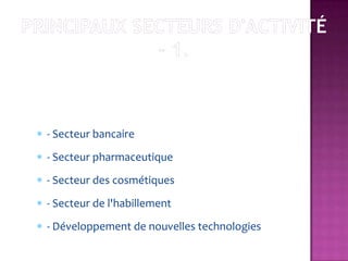 - Secteur bancaire
- Secteur pharmaceutique
- Secteur des cosmétiques
- Secteur de l'habillement
- Développement de nouvelles technologies
 