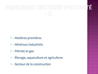 - Matières premières
- Minéraux industriels
- Pétrole et gaz
- Élevage, aquaculture et agriculture
- Secteur de la construction
 