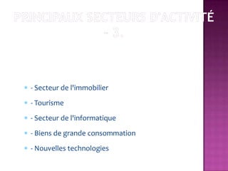- Secteur de l'immobilier
- Tourisme
- Secteur de l'informatique
- Biens de grande consommation
- Nouvelles technologies
 