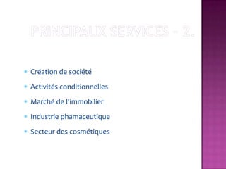 Création de société
Activités conditionnelles
Marché de l'immobilier
Industrie phamaceutique
Secteur des cosmétiques
 