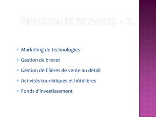 Marketing de technologies
Gestion de brevet
Gestion de filières de vente au détail
Activités touristiques et hôtelières
Fonds d'investissement
 