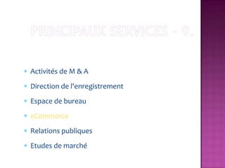 Activités de M & A
Direction de l'enregistrement
Espace de bureau
eCommerce
Relations publiques
Etudes de marché
 