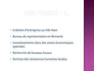 Création d'entreprise au Viêt Nam
Bureau de représentation en Birmanie
Investissements dans des zones économiques
spéciales
Recherche de bureaux locaux
Services des ressources humaines locales
 