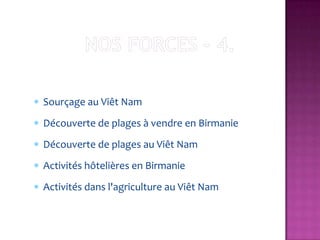 Sourçage au Viêt Nam
Découverte de plages à vendre en Birmanie
Découverte de plages au Viêt Nam
Activités hôtelières en Birmanie
Activités dans l'agriculture au Viêt Nam
 