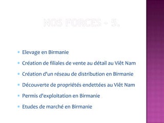 Elevage en Birmanie
Création de filiales de vente au détail au Viêt Nam
Création d'un réseau de distribution en Birmanie
Découverte de propriétés endettées au Viêt Nam
Permis d'exploitation en Birmanie
Etudes de marché en Birmanie
 