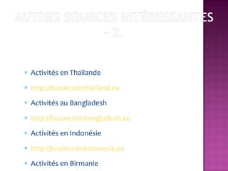 Activités en Thaïlande
http://businessinthailand.eu
Activités au Bangladesh
http://businessinbangladesh.eu
Activités en Indonésie
http://businessinindonesia.eu
Activités en Birmanie
 