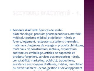 Secteurs d'activité: Services de santé -
biotechnologie, produits pharmaceutiques, matériel
médical, tourisme médical et de loisir - hôtels et
foyers, logement, restaurants, stations thermales,
matériaux d'agences de voyages - produits chimiques,
matériaux de construction, métaux, exploitation,
conteneurs, emballage, articles de papeterie et
produits forestiers, services aux entreprises - droit,
comptabilité, marketing, publicité, traductions,
assistance aux voyages d'affaires, médias, immobilier
du divertissement - achat, gestion et développement
 