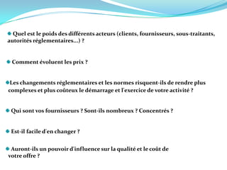 Quel est le poids des différents acteurs (clients, fournisseurs, sous-traitants, autorités réglementaires...) ? Comment évoluent les prix ? Les changements réglementaires et les normes risquent-ils de rendre plus     complexes et plus coûteux le démarrage et l'exercice de votre activité ? Qui sont vos fournisseurs ? Sont-ils nombreux ? Concentrés ? Est-il facile d'en changer ? Auront-ils un pouvoir d'influence sur la qualité et le coût de    votre offre ? 