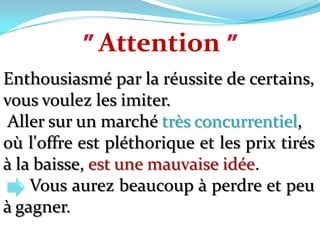 ”Attention”Enthousiasmé par la réussite de certains, vous voulez les imiter. Aller sur un marché très concurrentiel, où l'offre est pléthorique et les prix tirés à la baisse, est une mauvaise idée.      Vous aurez beaucoup à perdre et peu à gagner.