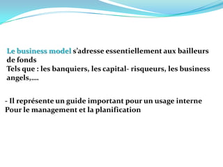 Le business model s’adresse essentiellement aux bailleurs de fonds Tels que : les banquiers, les capital- risqueurs, les business angels,…. - Il représente un guide important pour un usage interne Pour le management et la planification 