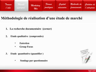 Trouver 
l’idée 
Marché 
approprié 
Marketing 
Mix 
Formes 
juridiques 
Capital 
nécessaire 
Recherche de 
financements 
Création de 
l’entreprise 
Méthodologie de réalisation d’une étude de marché 
1. La recherche documentaire (cerner) 
2. Etude qualitative (comprendre) 
• Entretien 
• Group Focus 
3. Etude quantitative (quantifier ) 
• Sondage par questionnaire 
 