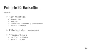 Point clé 13 : Back-office
➢ Tarification
✓ Promotion
✓ Remise
✓ Carte de fidélité / abonnement
✓ Points cadeaux
➢ Pilotage des commandes
➢ Transporteurs
✓ Grille tarifaire
✓ Points relais
24
 