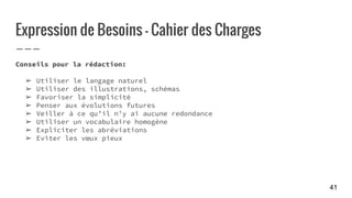 Expression de Besoins - Cahier des Charges
Conseils pour la rédaction:
➢ Utiliser le langage naturel
➢ Utiliser des illustrations, schémas
➢ Favoriser la simplicité
➢ Penser aux évolutions futures
➢ Veiller à ce qu’il n’y ai aucune redondance
➢ Utiliser un vocabulaire homogène
➢ Expliciter les abréviations
➢ Eviter les vœux pieux
41
 
