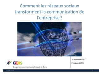 Comment les réseaux sociaux
transforment la communication de
l’entreprise?
17/09/2017 1
18 septembre 2017
Par Alban JARRY
Groupement des entreprises de la boucle de Seine
 