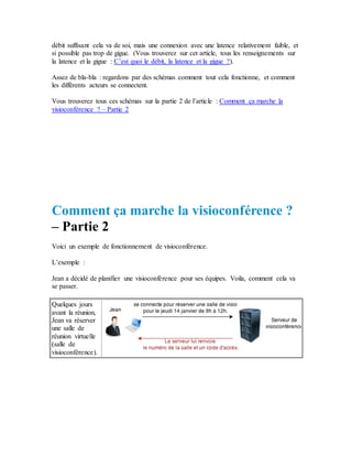 débit suffisant cela va de soi, mais une connexion avec une latence relativement faible, et
si possible pas trop de gigue. (Vous trouverez sur cet article, tous les renseignements sur
la latence et la gigue : C’est quoi le débit, la latence et la gigue ?).
Assez de bla-bla : regardons par des schémas comment tout cela fonctionne, et comment
les différents acteurs se connectent.
Vous trouverez tous ces schémas sur la partie 2 de l’article : Comment ça marche la
visioconférence ? – Partie 2
Comment ça marche la visioconférence ?
– Partie 2
Voici un exemple de fonctionnement de visioconférence.
L’exemple :
Jean a décidé de planifier une visioconférence pour ses équipes. Voila, comment cela va
se passer.
Quelques jours
avant la réunion,
Jean va réserver
une salle de
réunion virtuelle
(salle de
visioconférence).
 