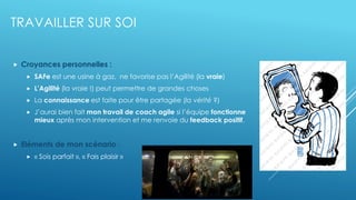 Orange Restricted
TRAVAILLER SUR SOI
 Croyances personnelles :
 SAFe est une usine à gaz, ne favorise pas l’Agilité (la vraie)
 L’Agilité (la vraie !) peut permettre de grandes choses
 La connaissance est faite pour être partagée (la vérité ?)
 J’aurai bien fait mon travail de coach agile si l’équipe fonctionne
mieux après mon intervention et me renvoie du feedback positif.
 Eléments de mon scénario :
 « Sois parfait », « Fais plaisir »
 