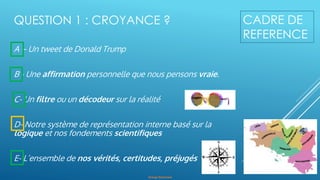 Orange Restricted
QUESTION 1 : CROYANCE ?
A – Un tweet de Donald Trump
B - Une affirmation personnelle que nous pensons vraie.
C- Un filtre ou un décodeur sur la réalité
D- Notre système de représentation interne basé sur la
logique et nos fondements scientifiques
E- L’ensemble de nos vérités, certitudes, préjugés
CADRE DE
REFERENCE
 