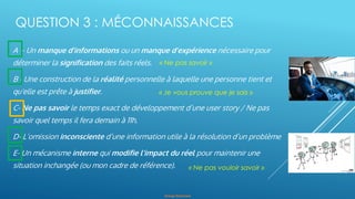 Orange Restricted
QUESTION 3 : MÉCONNAISSANCES
A – Un manque d’informations ou un manque d’expérience nécessaire pour
déterminer la signification des faits réels.
B - Une construction de la réalité personnelle à laquelle une personne tient et
qu'elle est prête à justifier.
C- Ne pas savoir le temps exact de développement d’une user story / Ne pas
savoir quel temps il fera demain à 11h.
D- L’omission inconsciente d’une information utile à la résolution d’un problème
E- Un mécanisme interne qui modifie l’impact du réel pour maintenir une
situation inchangée (ou mon cadre de référence).
« Ne pas savoir »
« Ne pas vouloir savoir »
« Je vous prouve que je sais »
 