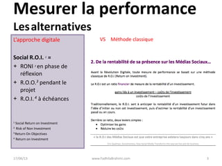Mesurer la performance
Lesalternatives
L’approche digitale
Social R.O.I. 1 =
+ RONI 2 en phase de
réflexion
+ R.O.O.3 pend...