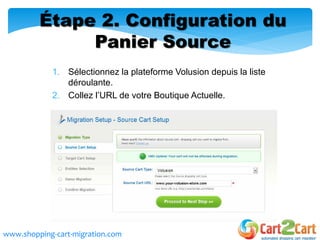 Étape 2. Configuration du
Panier Source
1. Sélectionnez la plateforme Volusion depuis la liste
déroulante.
2. Collez l’URL de votre Boutique Actuelle.
www.shopping-cart-migration.com
 