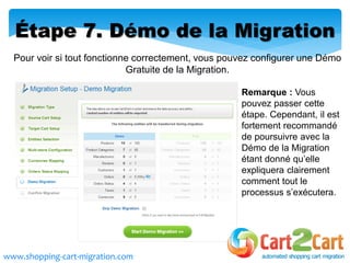 Étape 7. Démo de la Migration
Pour voir si tout fonctionne correctement, vous pouvez configurer une Démo
Gratuite de la Migration.
www.shopping-cart-migration.com
Remarque : Vous
pouvez passer cette
étape. Cependant, il est
fortement recommandé
de poursuivre avec la
Démo de la Migration
étant donné qu’elle
expliquera clairement
comment tout le
processus s’exécutera.
 