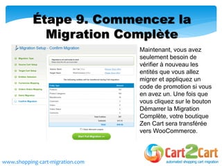 Maintenant, vous avez
seulement besoin de
vérifier à nouveau les
entités que vous allez
migrer et appliquez un
code de promotion si vous
en avez un. Une fois que
vous cliquez sur le bouton
Démarrer la Migration
Complète, votre boutique
Zen Cart sera transférée
vers WooCommerce.
Étape 9. Commencez la
Migration Complète
www.shopping-cart-migration.com
 