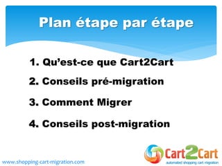 2. Conseils pré-migration
1. Qu’est-ce que Cart2Cart
3. Comment Migrer
4. Conseils post-migration
www.shopping-cart-migration.com
Plan étape par étape
 