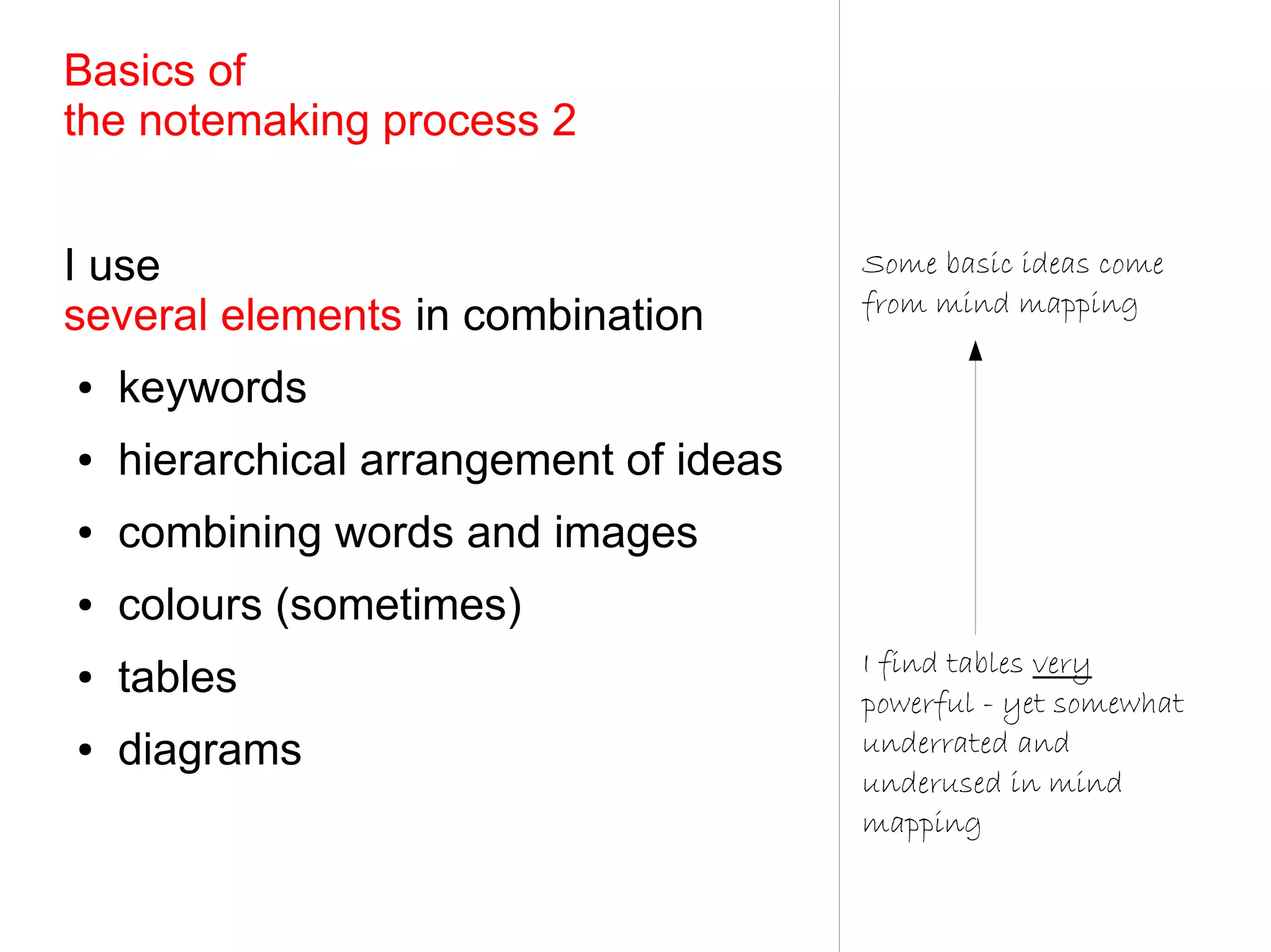 Basics of
the notemaking process 2


I use                                   Some basic ideas come
                                        from mind mapping
several elements in combination
●   keywords
●   hierarchical arrangement of ideas
●   combining words and images
●   colours (sometimes)
                                        I find tables very
●   tables                              powerful - yet somewhat
●   diagrams                            underrated and
                                        underused in mind
                                        mapping
 