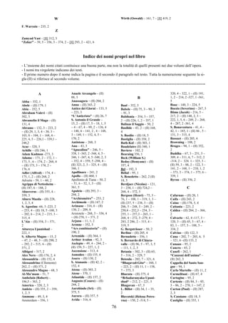 76
W
F. Warrain – 235, 2
Wirth (Oswald) – 161, 7 – [II] 419, 2
Z
Zamyad Yast – [II] 312, 3
“Zohar” – 39, 5 – 356, 3 – 374, 2 – [II] 293, 2 – 421, 6
Indice dei nomi propri nel libro
- L’insieme dei nomi citati costituisce una buona parte, ma non la totalità di quelli presenti nei due volumi dell’opera.
- I nomi tra virgolette indicano dei testi.
- Il primo numero dopo il nome indica la pagina e il secondo il paragrafo nel testo. Tutta la numerazione seguente la si-
gla (II) si riferisce al secondo volume.
------------------------------------------------------------------------------------------------------------------------
A
Abba – 352, 1
Abele – (II) 179, 1
Abiu – 352, 5
Abraham Valevi – (II)
302, 3
Abramelin il Mago – (II)
131, 4
Abramo – 132, 3 – 223, 2
– (II) 29, 1, 3, 4 – 30, 3 –
103, 8 – 104, 1 – 168, 4 –
225, 4, 5 – 226,1 – 339,1 –
248,2
Acaz – 320, 3
Achille – (II) 246, 1
Adam Kadmon -273, 3
Adamo – 171, 2 – 172, 1 –
173, 5 , 6 – 174, 2 – 268, 4
– (II) 173, 3 – 174, 2 –
176, 6
Adler (Alfred) – 174, 4 –
175, 1, 2 – (II) 268, 2
Advaita – 59, 1 – 60, 2
Agrippa di Nettesheim –
(II) 187, 6 – 188, 2
Ahasverus – (II) 355, 4 –
359, 3
Ahura Mazda – (II) 228,
1, 2, 3, 4
S. Agostino -66, 3 -223, 2
– 253, 4 – (II) 18, 5 -160, 3
– 202, 6 – 214, 2 – 215, 3 –
315, 4
L’Aia – (II) 354, 3 – 371,
2
Aitareya Upanishad –
222, 1
S. Alberto Magno – 15, 2
– 47, 2 – 48, 5 – (II) 290, 2
– 292, 2 – 315, 4 – (II)
371, 2
Albigesi – 317, 2
Alce Nero – (II) 176, 2, 4
Alessandria – (II) 152, 4
Alessandrino (Cllemente)
262, 2 – (II) 371, 2
Alessandro Magno – 68, 3
Al-Ma’mum – 51, 7
Ambelain (Robert) –
186,5 – 363, 2
America – 320, 2, 3
Amleto – (II) 355, 2 – 359,
1, 2, 3
Ammone – 49, 3, 4
Amsterdam – 356, 1
Anaele Arcangelo – (II)
88, 3
Anassagora – (II) 204, 2
Anna – (II) 343, 2
Antico dei Giorni – 133, 5
– 223, 3
“L’Anticristo” – (II) 26, 7
S. Antonio il Grande –
15, 2 – (II) 17, 5 – 18, 1, 5
– 4 – 67, 4 – 99, 2 – 136, 4
– 140, 4 – 141, 2 , 4 – 148,
3 – 149, 1 – 152, 4, 5 –
170, 2
Antistene – 268, 3
Anu – 43, 3
“Apocalisse” – 246, 5 –
338, 1 -343, 2 -344, 4, 5 -
346, 1 -347, 4, 5 -348, 2, 3
– 352, 4 – 359, 5 -298, 4 –
(II) 323, 2, 3 – 325, 4 – (II)
346, 1
Apollinare – 241, 2
Apollo – (II) 460, 1
Apollonio di Tiana – 50, 2
– 51, 6 – 52, 1, 3 – (II)
361, 5
Apuleio – (II) 293, 3 –
294, 2
“Archéomètre” – 253, 2
Archimede – (II) 147, 2
Arimane – 316, 6 – (II)
130, 2 – 209, 8
Aristotele – 268, 3 – 338, 4
– (II) 270, 1 – 371, 2
Arjuna – 11, 1, 2
Aronne – 352, 5
“Ars combinatoria” – (II)
190, 2
Artemide – (II) 364, 1
Arthur Avalon – 92, 3
Asclepio – 49, 4 – 244, 2 –
(II) 159, 5 – 227, 1, 2
Ascensione – 313, 4
Asmodeo – (II) 155, 4
Asura – (II) 130, 2
S. Atanasio – (II) 42, 2 –
152, 4
Atena – (II) 303, 2
Atene – 370, 1
Atlantide – (II) 157, 2
Augusto (Cesare) – (II)
244, 2
Aurobindo (Sri) – (II)
375, 5
Aurora – (II) 357, 5
Avida – 316, 6
B
Baal – 352, 5
Babele – (II) 75, 3 – 90, 3
– 91, 3
Babilonia – 354, 3 – 357,
2 – (II) 226, 1, 2 – 357, 1
Balinas il Saggio – 50, 2
Basilide – 43, 2 – (II) 168,
4
S. Basilio – (II) 18, 5
Bastiglia – (II) 358, 2
Bath-Kol – (II) 303, 1
Baudelaire (II) 340, 1
Baviera – 102, 2
Bearaing 356, 1
Beck (William S.)
Bedny (Demyane) – (II)
357, 4
Bel – 192, 3
Belial – 95, 1
S. Benedetto – 262, 2 (II)
18, 5
Berdjaev (Nicolas) – 121,
3 – 238, 1 – (II) 724,2 –
268, 4 – 372, 3
Bergson (Henri) – 75, 3 –
76, 1 – 108, 1 – 319, 1, 3 –
(II) 237, 5 – 238, 3 – (II)
206, 5 – 248, 3 – 249, 2 –
250,4 – 252,3 – 254, 3 –
255, 1 – 257,3 – 265, 1 –
268, 4 – 272, 3 -279, 4 –
283, 2 286, 2 – 315, 4 –
319, 5
G. Bergsträsser – 50, 2
Berlino – (II) 205, 4
Bernadette – 356, 1
S. Bernardo di Chiara-
valle – (II) 96, 5 – 97, 3, 5
– 111, 1, 2, 3
Betania – 302, 3 – (II) 65,
5 – 316, 2 – 329, 7
Betesda – 202, 7 – 321, 6
“Bhagavad-Gita“ – 160, 1
– 223, 2 – (II) 11, 1 – 158,
7 – 375, 3
Bharata – (II) 375, 4
“Brhadaranyaka Upani-
shad“ – 212, 2 – 221, 3
Bhagavan – 67, 3
L. Billot – (II) 34, 1 – 35,
2
Blavatski (Helena Petro-
vna) – 150, 2 -314, 5 –
320, 4 – 322, 1 – (II) 191,
1, 2 – 214, 2 -327, 1 -361,
5
Boaz – 140, 3 – 224, 5
Boezio (Severino) – 267, 5
Böme (Jacob) – 216, 5 –
217, 2 – (II) 148, 2, 3 –
222, 1, 5, 6 – 249, 2 – 268,
4 – 287, 2 -361, 4
S. Bonaventura – 41, 4 –
42, 1 – 185, 1 - (II) 86 , 5 –
131, 3 – 315, 4
Bossuet – (II) 205, 4
Browning – 108, 2
Bruges – 94, 1 – (II) 352,
2
Buddha – 67, 3 – 251, 5 –
309, 4 – 311, 6, 7 – 312, 2
-314, 2 – 324. 1 – 325, 3 –
(II) 59, 3 – 88, 2 – 122, 3 –
141, 2 – 168, 1 – 210, 1, 2
– 373, 3 – 374, 1 – 375, 6 –
339, 1
Byron – (II) 356, 2
C
Cafarnao – (II) 20, 1
Caifa – (II) 243, 2
Caino – (II) 178, 3, 4
Caitania – 223, 2
Caldea – (II) 284, 2 – 366,
2
Calvario – 62, 4 -117, 3 –
120, 3 – (II) 45, 3 – 67, 4 –
83, 1 – 157, 3 – 188, 5 –
334, 2
Calvino – (II) 122, 3
Cana – 202, 7 – 203, 4, 5
– 321, 6 –(II) 133, 2
Canaan – 95, 2
Cancro – 43, 2
Canefi – 262, 1
“Canzoni dell’anima” –
(II) 262, 3
Cappella del Santo San-
gue – 94, 1
Carlo Martello – (II) 11, 2
Carmelitani – (II) 67, 4
Cartagine – 95, 2
Cartesio – (II) 84, 3 – 85,
3 – 86, 2 – 270, 1 – 147, 2
Carton (Paul) – (II) 287,
2, 3
S. Cassiano –(II) 18, 5
Castiglia – (II) 355, 1
 