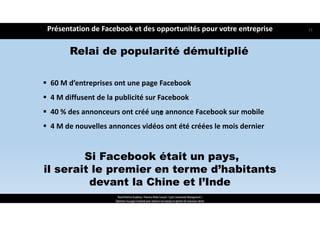 ReachTheFirst Academy / Florence Bride Consult / Cycle Community Management /
Optimiser ma page Facebook pour valoriser ma marque et générer de nouveaux clients
Si Facebook était un pays,
il serait le premier en terme d’habitants
devant la Chine et l’Inde
Relai de popularité démultiplié
 60 M d’entreprises ont une page Facebook
 4 M diffusent de la publicité sur Facebook
 40 % des annonceurs ont créé une annonce Facebook sur mobile
 4 M de nouvelles annonces vidéos ont été créées le mois dernier
Présentation de Facebook et des opportunités pour votre entreprise
10
11
 