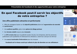 En quoi Facebook peut-il servir les objectifs
de votre entreprise ?
ReachTheFirst Academy / Florence Bride Consult / Cycle Community Management /
Optimiser ma page Facebook pour valoriser ma marque et générer de nouveaux clients
Une offre publicitaire attractive et performante
 Offre de campagnes basées sur 11 objectifs publicitaires allant de l’augmentation de notoriété
à la performance
 Une audience qualifiée grâce à des options de ciblage pointues
 Des formats créatifs toujours plus innovants
 Le CPC le moins cher pour la publicité sociale. De plus, les entreprises, dont les annonces 
publicitaires sont qualitatives et intéressent les utilisateurs, voient leur coût par clic diminué
 Une source inestimable d’informations pour les marques 
Facebook est le réseau social qui collecte le plus de données sur ses utilisateurs
Présentation de Facebook et des opportunités pour votre entreprise 13
 