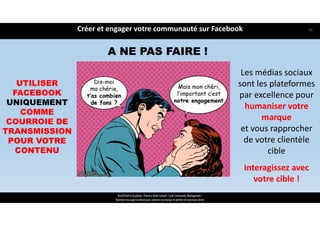 Créer et engager votre communauté sur Facebook
ReachTheFirst Academy / Florence Bride Consult / Cycle Community Management /
Optimiser ma page Facebook pour valoriser ma marque et générer de nouveaux clients
A NE PAS FAIRE !
Les médias sociaux 
sont les plateformes 
par excellence pour 
humaniser votre 
marque 
et vous rapprocher 
de votre clientèle 
cible
Interagissez avec 
votre cible ! 
UTILISER
FACEBOOK
UNIQUEMENT
COMME
COURROIE DE
TRANSMISSION
POUR VOTRE
CONTENU
33
 