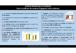 1. Les meilleures phrases d’accroche comportent entre 15 et
55 caractères
2. Les publications comportant des nombres recueillent plus
de partages
3. Les titres émotionnels fonctionnent mieux
4. Les articles doivent rester pertinents, plus la source est
fiable, plus elle recueillera de partages
5. Les publications de moins de 50 caractères génèrent le
plus d’engagement
ReachTheFirst Academy / Florence Bride Consult / Cycle Community Management /
Optimiser ma page Facebook pour valoriser ma marque et générer de nouveaux clients
8. Utilisez les hashtags pour être trouvé
9. Si vous souhaitez partager des articles, privilégiez les
formats entre 1000 et 3000 mots
10. Privilégiez une publication visible sur le fil d’actu
11. Programmez vos publications à l’avance vous fera
gagner un temps précieux.
Utilisez un logiciel de planification type Hootsuite ou
Buffer ou utilisez la fonction disponible sur Facebook
12. Incitez votre audience à personnaliser son fil
d’actualité en se rendant sur le bouton « J’aime » de
votre page et sélectionner « Voir en premier »
7. Epinglez une publication, chaque
fois qu’un utilisateur consultera votre
page, ce sera la première publication
qu’il verra.
6. Les photos partagées sur
Facebook via l’application
Instagram génèrent 23% plus
d’engagement que les photos
directement publiées sur
Facebook.
Content Marketing sur Facebook 
Créer et diffuser du contenu engageant votre audience
55
 