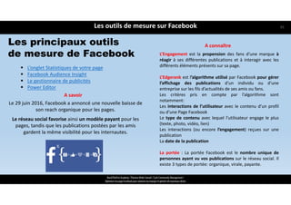 Les outils de mesure sur Facebook
ReachTheFirst Academy / Florence Bride Consult / Cycle Community Management /
Optimiser ma page Facebook pour valoriser ma marque et générer de nouveaux clients
 L’onglet Statistiques de votre page
 Facebook Audience Insight
 Le gestionnaire de publicités
 Power Editor 
L’Engagement est la propension des fans d’une marque à
réagir à ses différentes publications et à interagir avec les
différents éléments présents sur sa page.
L’Edgerank est l’algorithme utilisé par Facebook pour gérer
l’affichage des publications d’un individu ou d’une
entreprise sur les fils d’actualités de ses amis ou fans.
Les critères pris en compte par l’algorithme sont
notamment:
Les interactions de l’utilisateur avec le contenu d’un profil
ou d’une Page Facebook
Le type de contenu avec lequel l’utilisateur engage le plus
(texte, photo, vidéo, lien)
Les interactions (ou encore l’engagement) reçues sur une
publication
La date de la publication
La portée : La portée Facebook est le nombre unique de
personnes ayant vu vos publications sur le réseau social. Il
existe 3 types de portée: organique, virale, payante.
A connaître
Le 29 juin 2016, Facebook a annoncé une nouvelle baisse de 
son reach organique pour les pages.
Le réseau social favorise ainsi un modèle payant pour les 
pages, tandis que les publications postées par les amis 
gardent la même visibilité pour les internautes. 
A savoir
Les principaux outils
de mesure de Facebook
61
 