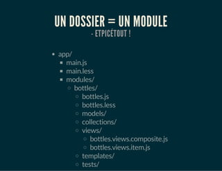 UN DOSSIER = UN MODULE
- ETPICÉTOUT !
app/
main.js
main.less
modules/
bottles/
bottles.js
bottles.less
models/
collections/
views/
bottles.views.composite.js
bottles.views.item.js
templates/
tests/
 
