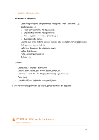18
 Matériel et impressions
Pour le jour J, imprimez :
- Des livrets participants 24h (nombre de participants/ Sinon 2 par tables) : ici
- Des templates : ici
o Team Canvas imprimé A3 (1 par équipe)
o Empathy Map imprimé A3 (1 par équipe)
o Value proposition imprime A4 (1 par équipe)
o Business model Canvas
- Les lots sous forme de bons cadeaux (nom du lots, description, nom et coordonnées
de la personne à contacter) : ici
- La fiche de description des lots pour le jury ici
- La liste de présence
- Fiche équipe (1 par table) : ici
- Grille jury : ici
Prévoir :
- Des feuilles A4 simples = du brouillon
- Ciseaux, stylos, feutre, post it, colle, scotch, carton, etc.
- Matériels de créativité, Little Bits (objet connecté), lego, laine, etc.
- Paper bords
- Une clé USB (pour projeter les prétotype digitaux)
Si vous ne vous faites par fournir les badges, penser à acheter des étiquettes
ETAPE 6 : Clôturer le hackathon
Durée : indéterminée
 
