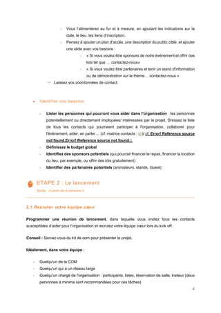 4
o Vous l’alimenterez au fur et à mesure, en ajoutant les indications sur la
date, le lieu, les liens d’inscription.
o Pensez à ajouter un plan d’accès, une description du public cible, et ajouter
une slide avec vos besoins :
o « Si vous voulez être sponsors de notre événement et offrir des
lots tel que … contactez-nous»
o « Si vous voulez être partenaires et tenir un stand d’information
ou de démonstration sur le thème… contactez-nous »
 Laissez vos coordonnées de contact.
 Identifier vos besoins
- Lister les personnes qui pourront vous aider dans l’organisation : les personnes
potentiellement ou directement impliquées/ intéressées par le projet. Dressez la liste
de tous les contacts qui pourraient participer à l'organisation, collaborer pour
l'évènement, aider, en parler ... (cf. matrice contacts : ici)/ cf. Error! Reference source
not found.Error! Reference source not found.).
- Définissez le budget global
- Identifiez des sponsors potentiels (qui pourrait financer le repas, financer la location
du lieu, par exemple, ou offrir des lots gratuitement)
- Identifier des partenaires potentiels (animateurs, stands, Guest)
ETAPE 2 : Le lancement
Durée : A partir de la semaine 2
2.1 Recruter votre équipe cœur
Programmer une réunion de lancement, dans laquelle vous invitez tous les contacts
susceptibles d’aider pour l’organisation et recrutez votre équipe cœur lors du kick off.
Conseil : Servez-vous du kit de com pour présenter le projet.
Idéalement, dans votre équipe :
- Quelqu'un de la COM
- Quelqu'un qui a un réseau large
- Quelqu'un chargé de l'organisation : participants, listes, réservation de salle, traiteur (deux
personnes à minima sont recommandées pour ces tâches)
 