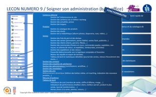LECON NUMERO 9 / Soigner son administration (back office)
                                 Contenus éditorial                                                              1) Disposer d’un tableau de bord rapide de
                                           Gestion de l’arborescence du site
                                                                                                                      l’activité du site
                                           Gestion des contenus via un éditeur wysiwyg
                                           Gestion des actualités, presse
                                           Gestion des langues
                                 Produits                                                                        2) Gestion des contenus et du catalogue de
                                           Gestion du catalogue des produits                                          produits
                                           Gestion des stocks
                                           Gestion de la médiathèque (albums photos, diaporama, vues, vidéos,…)
                                 Ventes
                                           Gestion des frais de port et des devises                              3) Gestion des commandes
                                           Gestion des ventes (promotions, points fidélité, ventes flash, publicités…)
                                           Gestion des clients (clients, parrains, filleuls,…)
                                           Gestion des commandes (Paniers en cours, commandes payées, expédiées, non
                                           reçues, en attente de retour, ré expédiées, remboursées, archivées)
                                           Gestion des expéditions et des retours                                4) Gestion des clients
                                           Passerelle bidirectionnelle vers la logistique comptable et financière
                                           Moteur de requête et export de données
                                           Tableau de bord et statistiques détaillées (journal des ventes, vitesse d’écoulement des
                                           stocks…)
                                 Gestion des contacts                                                            5) Tableau de bord de statistiques
                                 Gestion des enquêtes de satisfaction
                                 Gestion des administrateurs (contributeurs, wrokflow,…)
                                 Gestion des newsletters
                                 Gestion des sms                                                                 6) Marketing viral et newsletters
                                 Référencement dynamique (édition des balises métas, url-rewriting, indexation des nouveaux
                                 produits,…)
                                 Mesures d’audience
                                 Tableau de bord
                                           Indicateurs de suivi (nombre de vente, chiffre d’affaires, marge, …)
                                           Indicateurs de performances (meilleur client, meilleur parrain, produit le plus
                                           vendu, taux de transformation, …)
                                           Alertes (freins à la vente, plaintes, retours,…)
      Copyright Blue acacia & Coovz 2009 – Salon E-commerce 2009 / A                                                                                          48
 