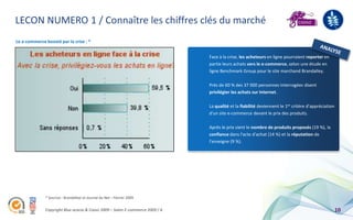 LECON NUMERO 1 / Connaître les chiffres clés du marché
Le e-commerce boosté par la crise : *


                                                                               Face à la crise, les acheteurs en ligne pourraient reporter en
                                                                               partie leurs achats vers le e-commerce, selon une étude en
                                                                               ligne Benchmark Group pour le site marchand Brandalley.

                                                                               Près de 60 % des 37 000 personnes interrogées disent
                                                                               privilégier les achats sur Internet.

                                                                               La qualité et la fiabilité deviennent le 1er critère d'appréciation
                                                                               d'un site e-commerce devant le prix des produits.

                                                                               Après le prix vient le nombre de produits proposés (19 %), la
                                                                               confiance dans l'acte d'achat (14 %) et la réputation de
                                                                               l'enseigne (9 %).




              * Sources : Brandalleyl et Journal du Net – Février 2009


              Copyright Blue acacia & Coovz 2009 – Salon E-commerce 2009 / A                                                                         10
 
