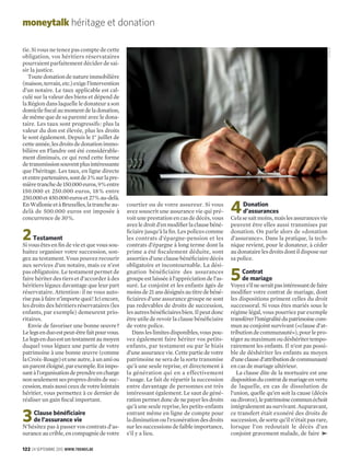 122 24 SEPTEMBRE 2015 WWW.TRENDS.BE
tie. Si vous ne tenez pas compte de cette
obligation, vos héritiers réservataires
pourraient parfaitement décider de sai-
sir la justice.
Toutedonationdenatureimmobilière
(maison,terrain,etc.)exigel’intervention
d’un notaire. Le taux applicable est cal-
culé sur la valeur des biens et dépend de
laRégiondanslaquelleledonateurason
domicileﬁscalaumomentdeladonation,
demêmequedesaparentéavecledona-
taire. Les taux sont progressifs: plus la
valeur du don est élevée, plus les droits
le sont également. Depuis le 1er
juillet de
cetteannée,lesdroitsdedonationimmo-
bilière en Flandre ont été considérable-
ment diminués, ce qui rend cette forme
detransmissionsouventplusintéressante
que l’héritage. Les taux, en ligne directe
etentrepartenaires,sontde3%surlapre-
mièretranchede150.000euros,9%entre
150.000 et 250.000 euros, 18% entre
250.000et450.000euroset27%au-delà.
EnWallonieetàBruxelles,latrancheau-
delà de 500.000 euros est imposée à
concurrence de 30%.
2Testament
Si vous êtes en ﬁn de vie et que vous sou-
haitez organiser votre succession, son-
gez au testament. Vous pouvez recourir
aux services d’un notaire, mais ce n’est
pas obligatoire. Le testament permet de
faire hériter des tiers et d’accorder à des
héritiers légaux davantage que leur part
réservataire. Attention: il ne vous auto-
risepasàfairen’importequoi!Iciencore,
les droits des héritiers réservataires (les
enfants, par exemple) demeurent prio-
ritaires.
Envie de favoriser une bonne œuvre?
Lelegsenduoestpeut-êtrefaitpourvous.
Lelegsenduoestuntestamentaumoyen
duquel vous léguez une partie de votre
patrimoine à une bonne œuvre (comme
laCroix-Rouge)etuneautre,àunamiou
unparentéloigné,parexemple.Enimpo-
santàl’organisationdeprendreencharge
nonseulementsespropresdroitsdesuc-
cession,maisaussiceuxdevotrelointain
héritier, vous permettez à ce dernier de
réaliser un gain ﬁscal important.
3Clause bénéficiaire
de l’assurance vie
N’hésitez pas à passer vos contrats d’as-
suranceaucrible,encompagniedevotre
courtier ou de votre assureur. Si vous
avez souscrit une assurance vie qui pré-
voit une prestation en cas de décès, vous
avezledroitd’enmodiﬁerlaclausebéné-
ﬁciaire jusqu’àlaﬁn. Les polices comme
les contrats d’épargne-pension et les
contrats d’épargne à long terme dont la
prime a été ﬁscalement déduite, sont
assortiesd’uneclausebénéﬁciairedécès
obligatoire et incontournable. La dési-
gnation bénéﬁciaire des assurances
groupeestlaisséeàl’appréciationdel’as-
suré. Le conjoint et les enfants âgés de
moinsde21ansdésignésautitredebéné-
ﬁciaires d’une assurance groupe ne sont
pas redevables de droits de succession,
lesautresbénéﬁciairesbien.Ilpeutdonc
être utile de revoir la clause bénéﬁciaire
de votre police.
Dansleslimitesdisponibles,vouspou-
vez également faire hériter vos petits-
enfants, par testament ou par le biais
d’uneassurancevie.Cettepartiedevotre
patrimoine ne sera de la sorte transmise
qu’à une seule reprise, et directement à
la génération qui en a effectivement
l’usage. Le fait de répartir la succession
entre davantage de personnes est très
intéressant également. Le saut de géné-
rationpermetdoncdenepayerlesdroits
qu’à une seule reprise, les petits-enfants
entrant même en ligne de compte pour
ladiminutionoul’exonérationdesdroits
sur les successions de faible importance,
s’il y a lieu.
4Donation
d’assurances
Celasesaitmoins,maislesassurancesvie
peuvent être elles aussi transmises par
donation. On parle alors de «donation
d’assurance». Dans la pratique, la tech-
nique revient, pour le donateur, à céder
audonatairelesdroitsdontildisposesur
sa police.
5Contrat
de mariage
Voyezs’ilneseraitpasintéressantdefaire
modiﬁer votre contrat de mariage, dont
les dispositions priment celles du droit
successoral. Si vous êtes mariés sous le
régime légal, vous pourriez par exemple
transférerl’intégralitédupatrimoinecom-
mun au conjoint survivant («clause d’at-
tributiondecommunauté»),pourlepro-
tégeraumaximumoudéshéritertempo-
rairement les enfants. Il n’est pas possi-
ble de déshériter les enfants au moyen
d’uneclaused’attributiondecommunauté
en cas de mariage ultérieur.
La clause dite de la mortuaire est une
dispositionducontratdemariageenvertu
de laquelle, en cas de dissolution de
l’union, quelle qu’en soit la cause (décès
oudivorce),lepatrimoinecommunéchoit
intégralementausurvivant.Auparavant,
ce transfert était exonéré des droits de
succession,desortequ’iln’étaitpasrare,
lorsque l’on redoutait le décès d’un
conjoint gravement malade, de faire
moneytalk héritage et donation
≤
ISTOCK
 