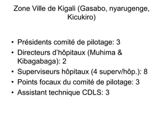 Zone Ville de Kigali (Gasabo, nyarugenge,
Kicukiro)
• Présidents comité de pilotage: 3
• Directeurs d’hôpitaux (Muhima &
K...