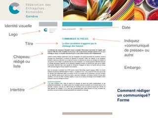 Identité visuelle Date 
Logo 
Indiquez 
«communiqué 
de presse» ou 
autre 
Titre 
Chapeau: 
rédigé ou 
liste 
Embargo 
Intertitre Comment rédiger 
un communiqué? 
Forme 
 