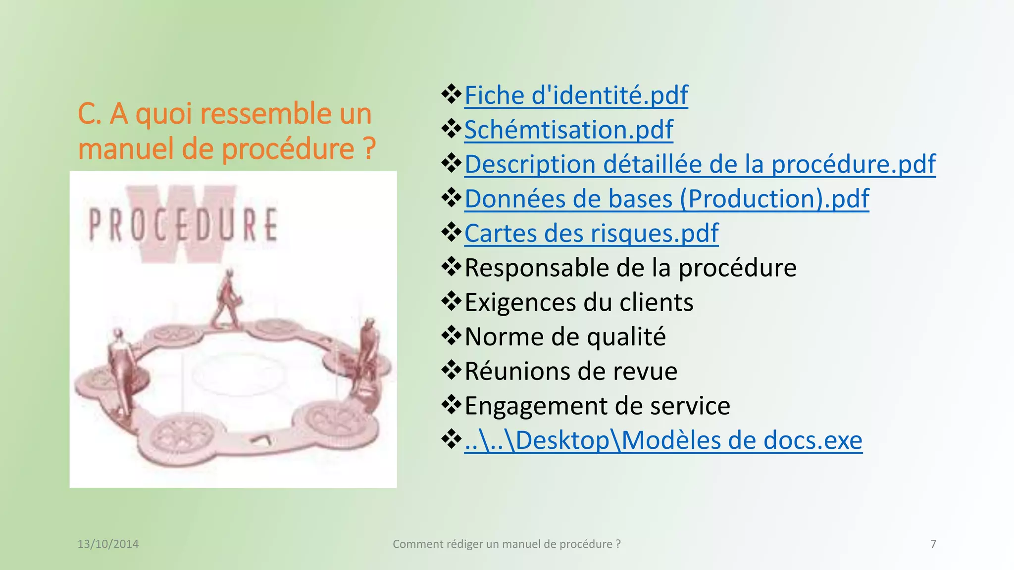C. A quoi ressemble un 
manuel de procédure ? 
Fiche d'identité.pdf 
Schémtisation.pdf 
Description détaillée de la procédure.pdf 
Données de bases (Production).pdf 
Cartes des risques.pdf 
Responsable de la procédure 
Exigences du clients 
Norme de qualité 
Réunions de revue 
Engagement de service 
....DesktopModèles de docs.exe 
13/10/2014 Comment rédiger un manuel de procédure ? 7 
 