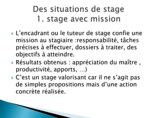  L’encadrant ou le tuteur de stage confie une
mission au stagiaire :responsabilité, tâches
précises à effectuer, dossiers à traiter, des
objectifs à atteindre.
 Résultats obtenus : appréciation du maître ,
productivité, apports, …)
 C’est un stage valorisant car il ne s’agit pas
de simples propositions mais d’une action
concrète réalisée.
 