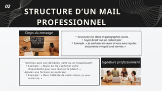 Corps du message
• Structurez vos idées en paragraphes courts.
• Soyez direct tout en restant poli :
⚬ Exemple : « Je souhaiterais savoir si vous avez reçu les
documents envoyés lundi dernier. »
Signature professionnelle
• Terminez avec une demande claire ou un récapitulatif :
⚬ Exemple : « Merci de me confirmer votre
disponibilité pour une réunion le [date]. »
• Ajoutez une formule de politesse :
⚬ Exemple : « Dans l’attente de votre retour, je vous
remercie. »
02
STRUCTURE D’UN MAIL
PROFESSIONNEL
 