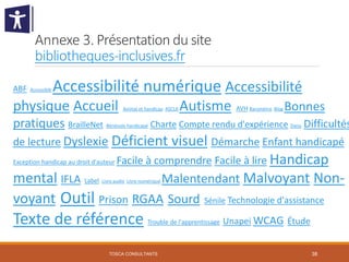 TOSCA CONSULTANTS 38
Annexe 3. Présentation du site
bibliotheques-inclusives.fr
ABF Accessibib Accessibilité numérique Acc...